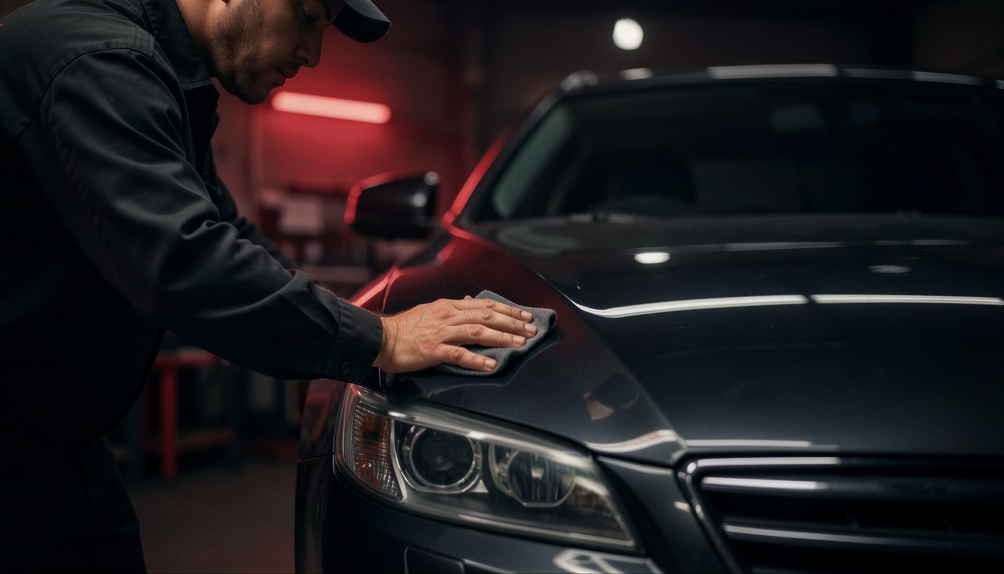 Technician inspecting a car in the SENA workshop
